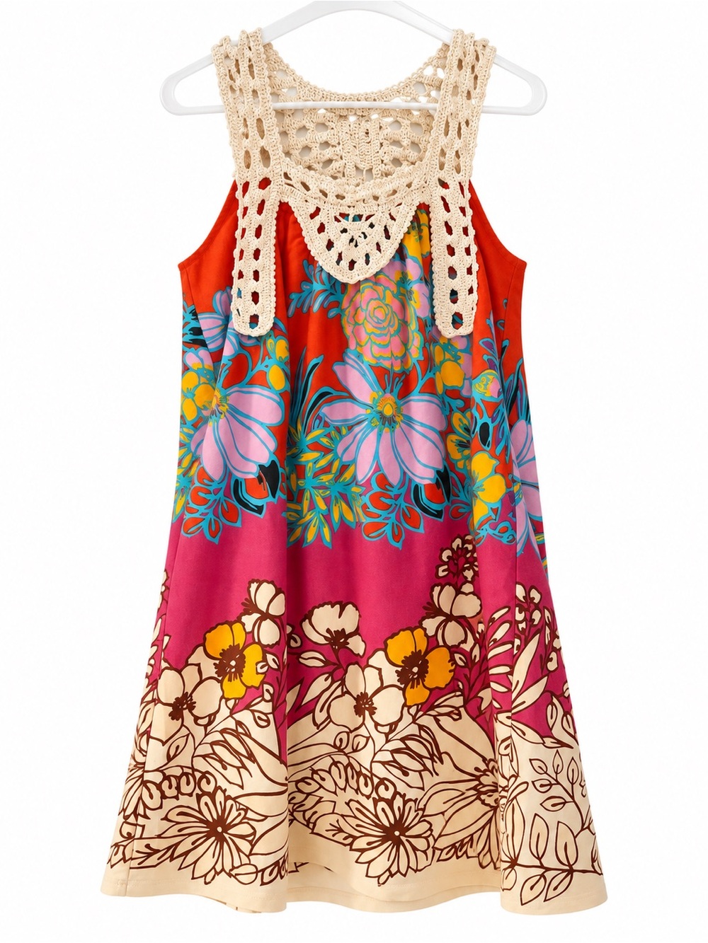 Hazel Boho Floral Crochet Sundress โ Size XS โ Multicolor Sleeveless Mini Dress